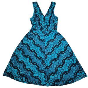 Donna Karan DKNY Floral‎ Lace Fit & Flare Cocktail Dress Black Aqua Green Size 6